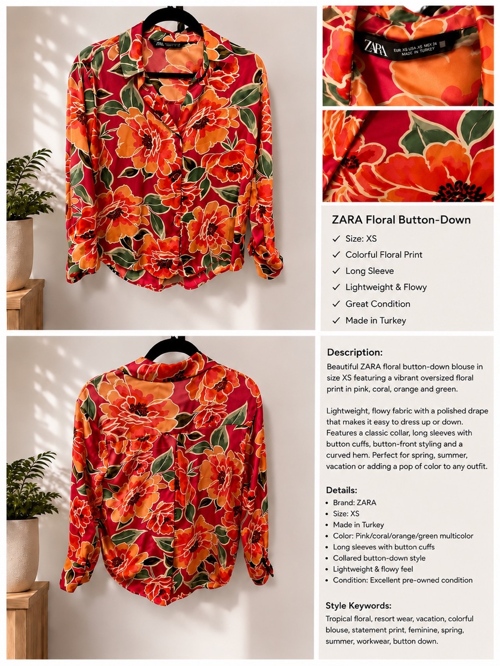 ZARA Pink Orange Floral Button-Down Blouse